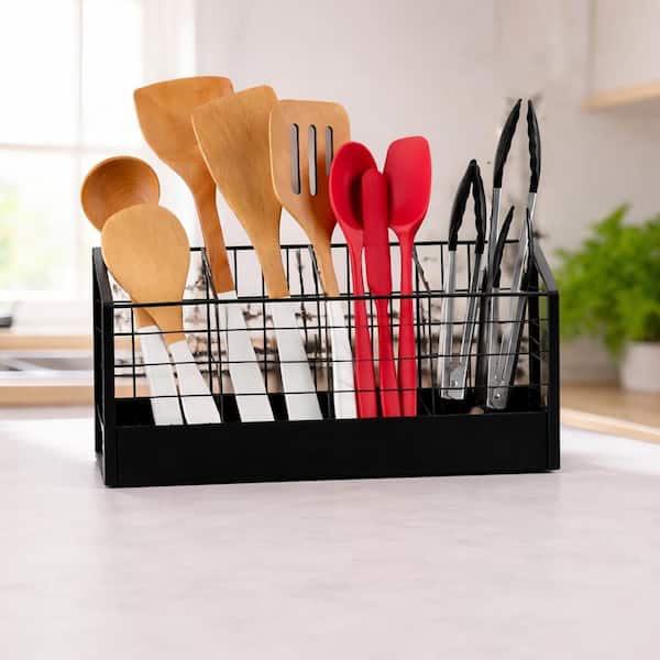 Matte Black Metal Kitchen Utensil Holder with Diatomite Stone Base for Countertop or Wall, 4 Compartments