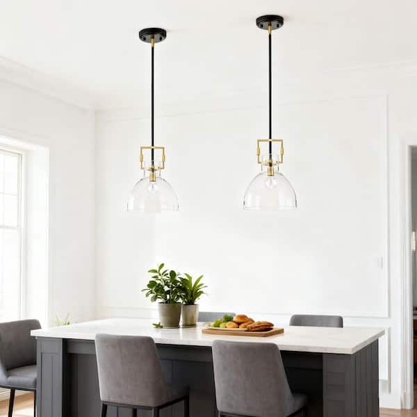 Essence 1-Light 14 in. Contemporary Matte Black and Gold Pendant Light Fixture with Bowl Shaped Clear Glass Shade