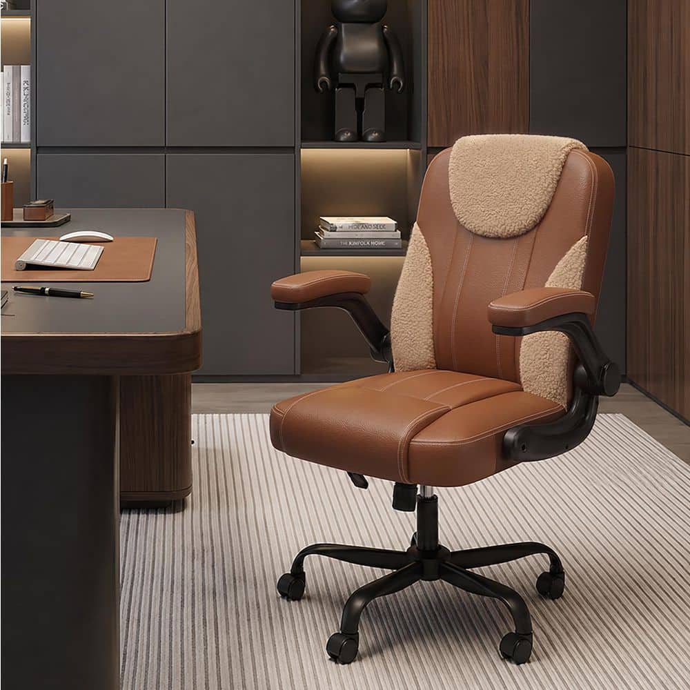 Ergonomic PU Leather Swivel Executive Chair in Rustic Brown with Adjustable Height, Lumbar Support, Flip-Up Armrests