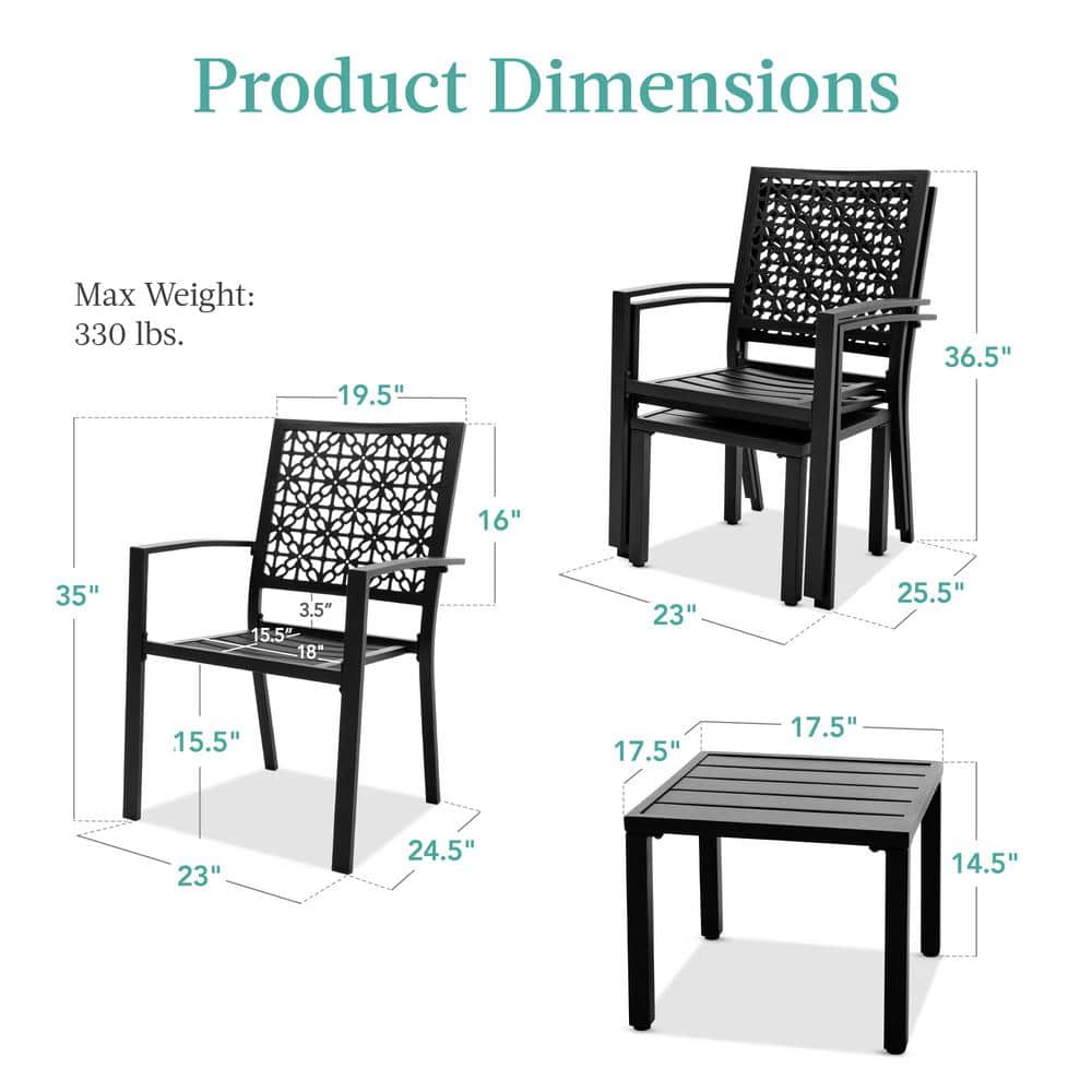 Black Steel 3-Piece Outdoor Bistro Set with Geometric Design