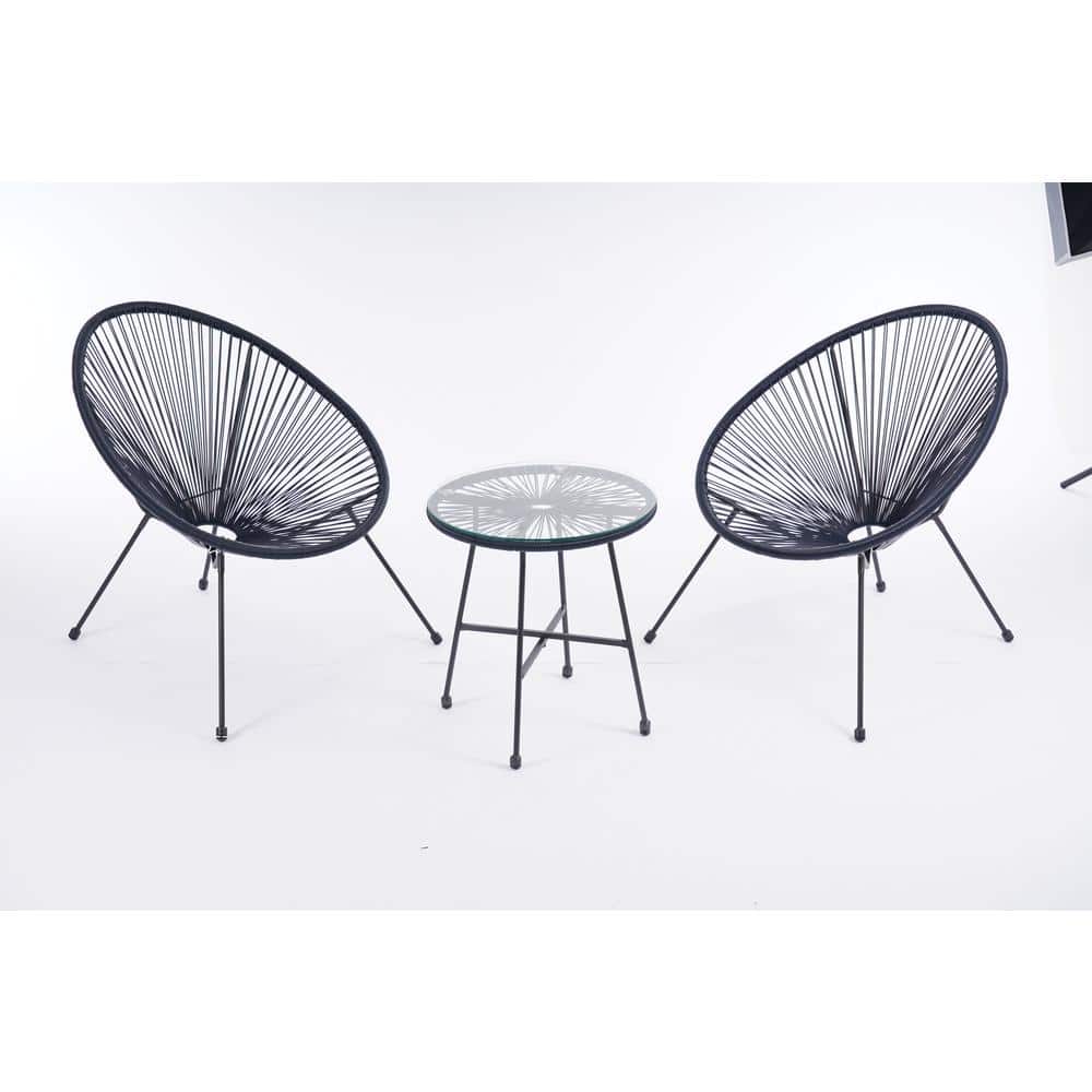 3-Piece Wicker Patio Conversation Set Egg Chair Set Navy Blue