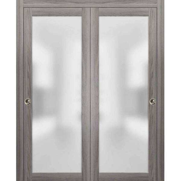 Sartodoors 60 in. x 84 in. 1-Panel Grey Finished Solid Wood Sliding Door with Bypass Hardware