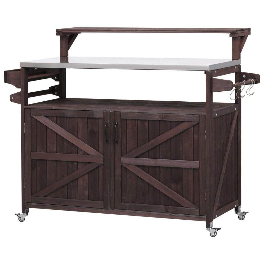OLUMAT 53.3 in. W Brown Farmhouse Solid Wood Outdoor Kitchen Island ...