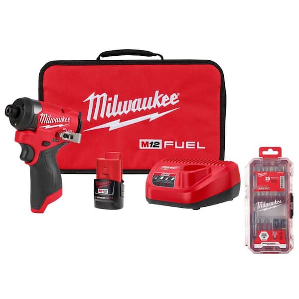 Milwaukee M12 FUEL 12V 1/4 in. Hex Impact Driver Compact Kit w/SHOCKWAVE Impact Duty Alloy Steel Screw Driver Bit Set (25-Piece)