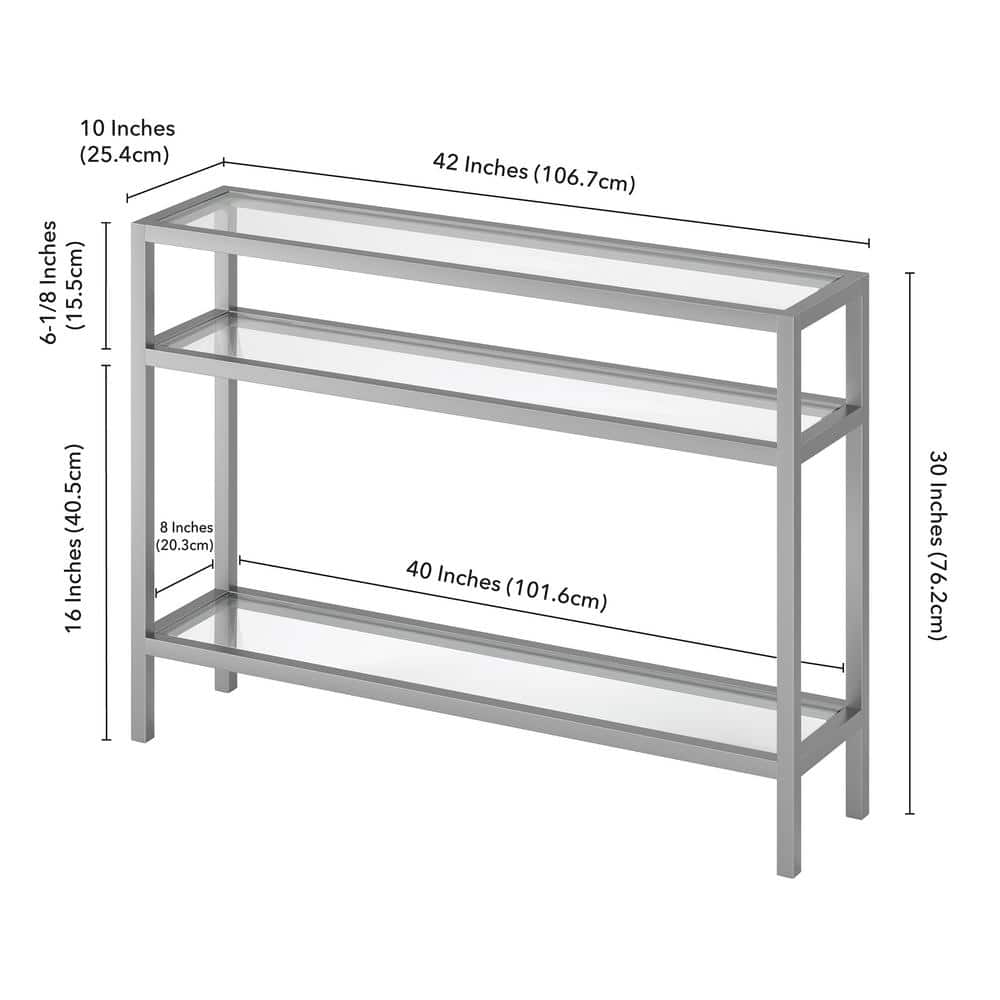 Satin Nickel Industrial Console Table with Tempered Glass Shelves