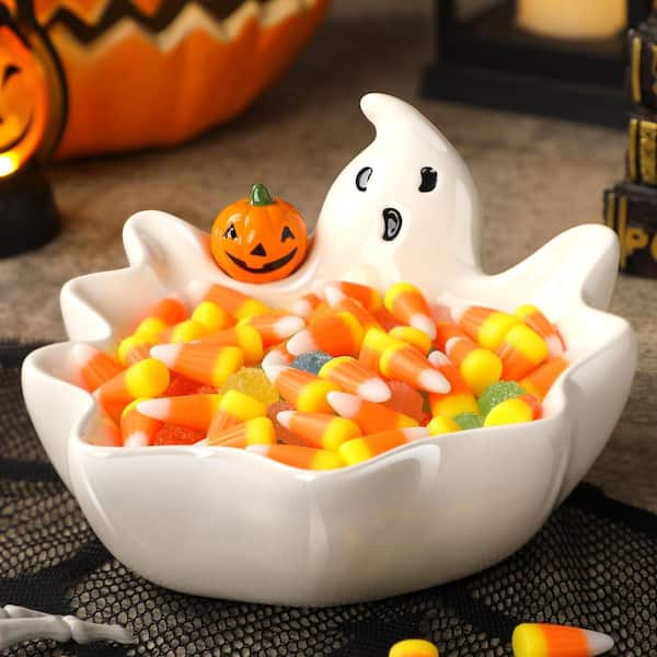 1-Piece 7 in. Halloween Candy Dish Holder, Ceramic Ghost Candy Bowl, Cookie Jar for Halloween Party Trick or Treat Decor