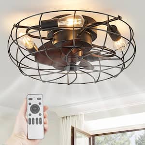 20 in. Indoor Matte Black Enclosed Flush Mount Industrial Modern Ceiling Fan with Light Kit and Remote Control