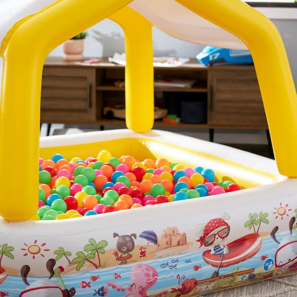 62 in. x 62 in. Square 38.4 in. Deep Inflatable Sun Shade Kiddie Pool and Multi-Colored Fun Ballz, 100 Pack