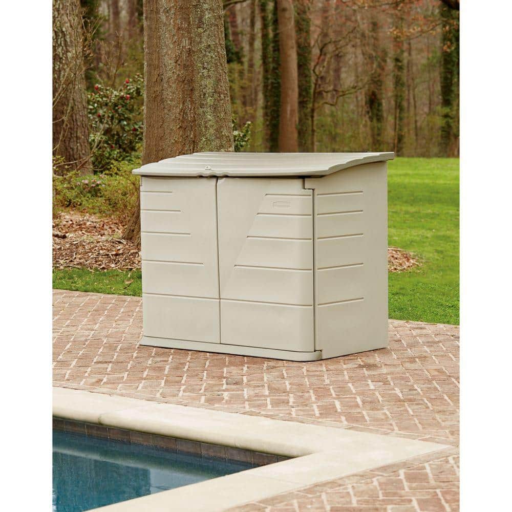 Beige and Gray Resin Horizontal Storage Shed with Shelving