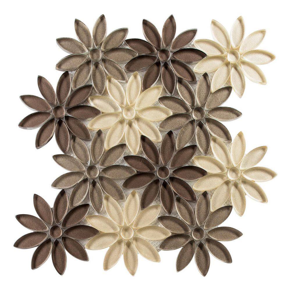 Floral Pattern Dark and Light Brown Glass Mosaic Tile