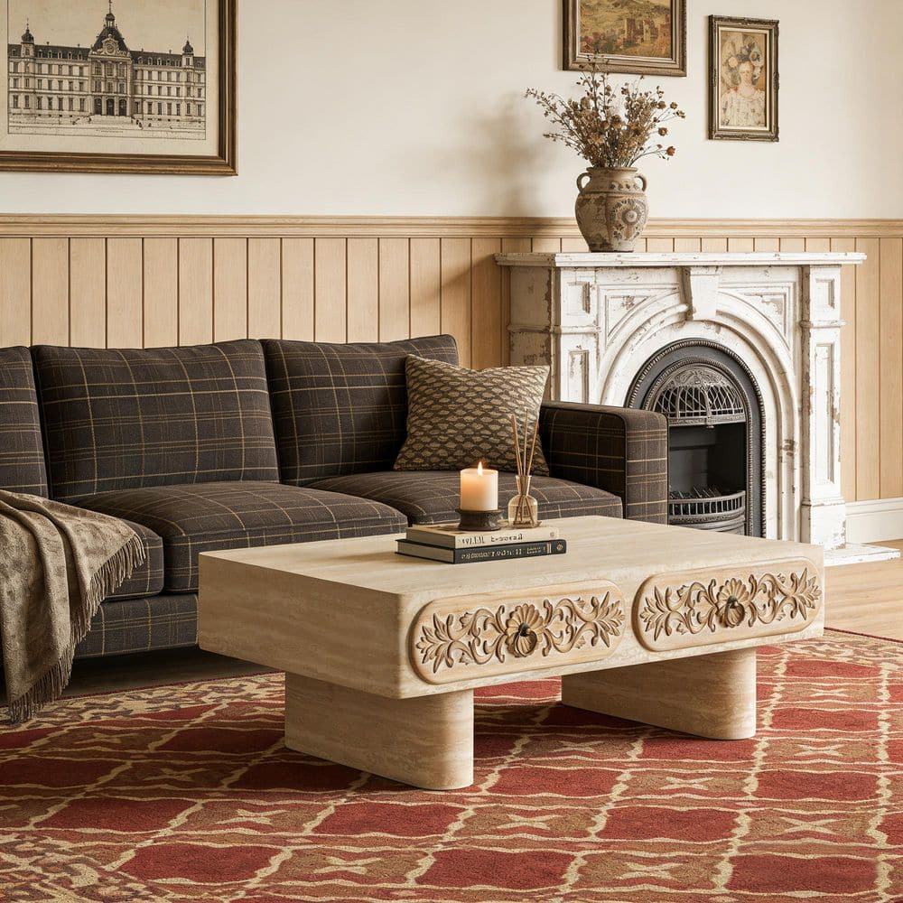 39 in. Beige&Yellow Rectangle MDF Coffee Table with Flower Pattern Solid Wood Drawer price history on PriceWatchPro