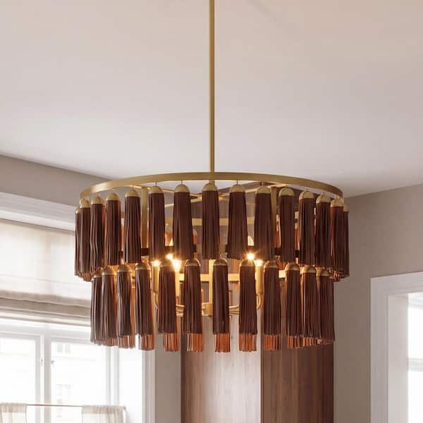 Aquitane 60-Watt 24 in. W x 14 in. H 4-Light Warm Brass Pendant Light with Natural Leather Shades, No Bulbs Included