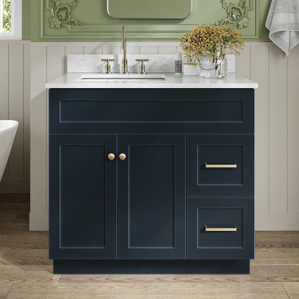 Hamlet 36 in. W x 22 in. D x 35.25 in. H Vanity in Midnight Blue with White Carrara Marble Vanity Top