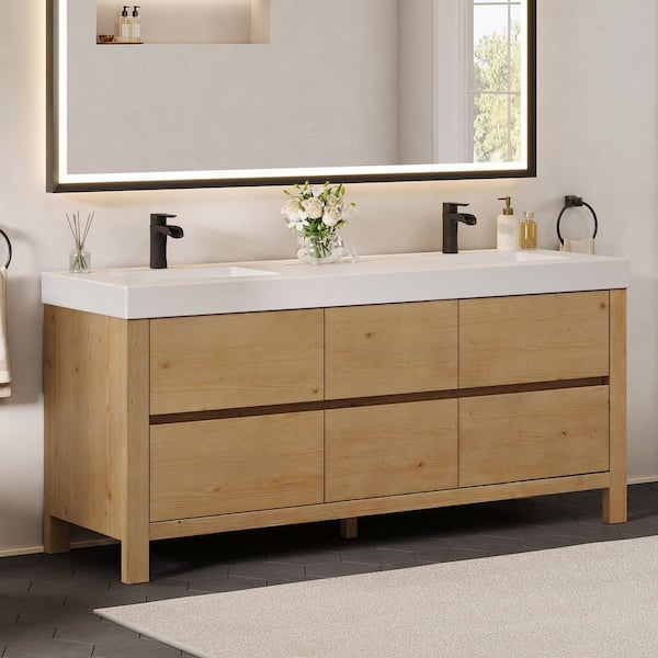 Cascadia 72 in. Double Freestanding Weathered Fir Bath Vanity with White Artificial Stone Top Assembled