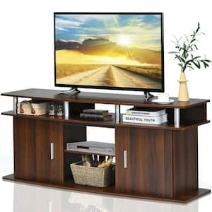 63 in. Walnut Entertainment Console Center TV Stand Fits TV's up to 70 in. with 2-Cabinets,Easy to Assemble