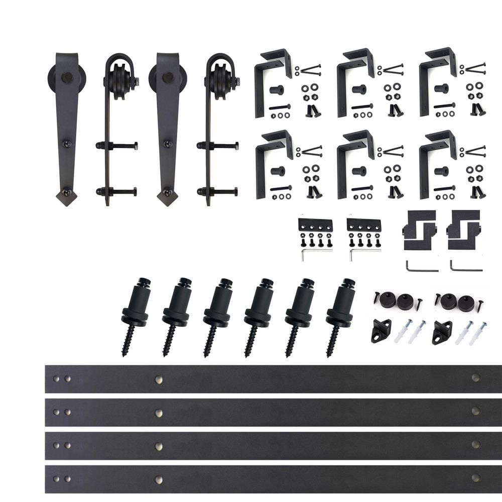 Rustic Black Double Track Bypass Sliding Barn Door Hardware Kit, 9ft