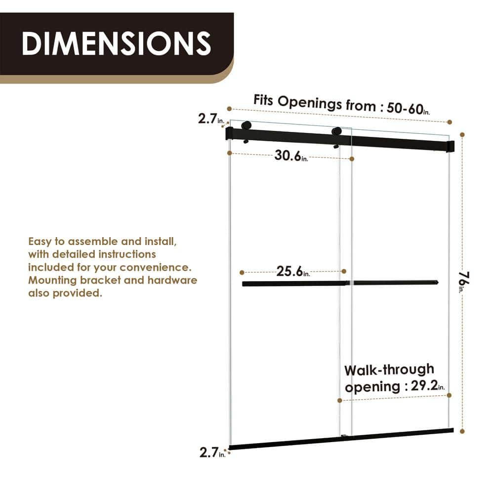 Matte Black Frameless Clear Glass Bypass Shower Door, 60" W x 76" H