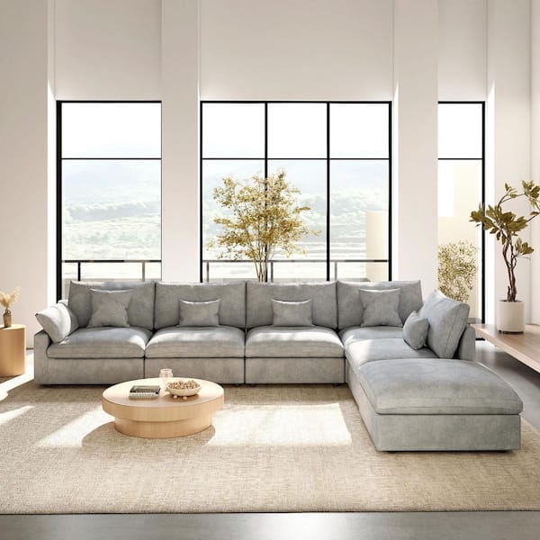 196 in. W Square Arm Linen Upholstered Rectangle 5-Seater Sectional Sofa with Ottoman in. Gray