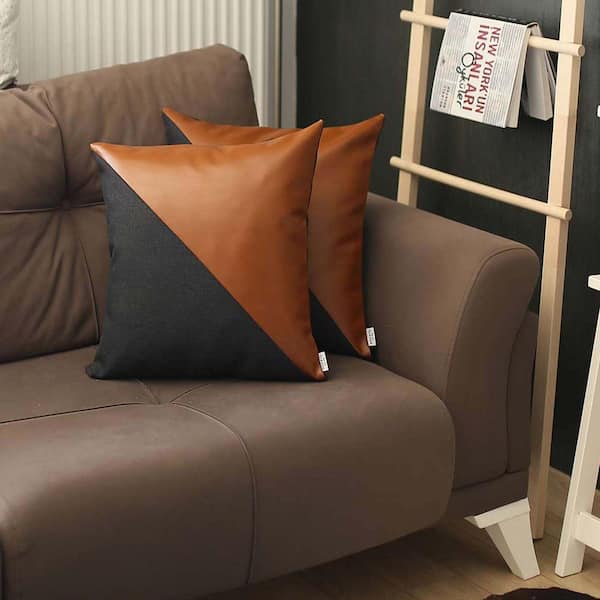MIKE & Co. NEW YORK Boho-Chic Handcrafted Vegan Faux Leather Brown and Black 18 in. x 18 in. Square Solid Throw Pillow Cover Set of 2