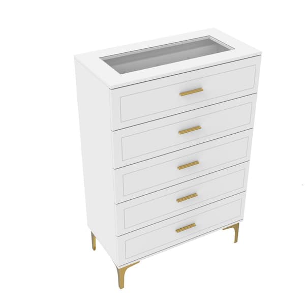 FUFU&GAGA White 5-Tier Drawers 31.6 in. W Wooden Chest of Drawers, Storage Cabinet with Glass Top for Jewelry Storage