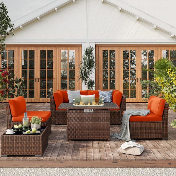 ELPOSUN 6-Piece Wicker Patio Conversation Seating Sofa Set with Orange Cushions and Firepit Table
