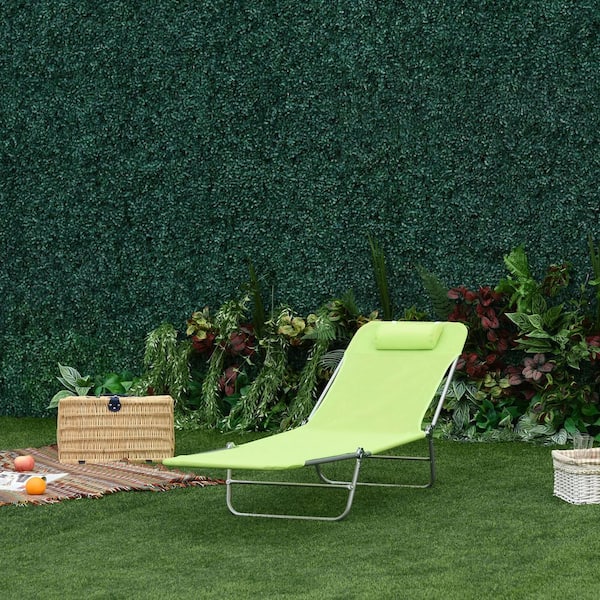 Green Foldable Steel Outdoor Lounge Chair with Pillow and Adjustable Backrest