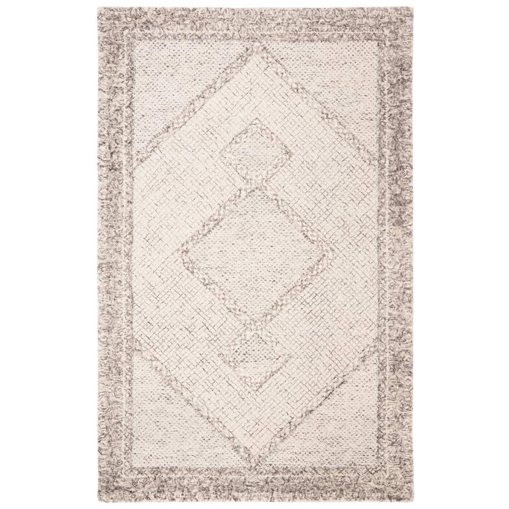 Ivory and Grey Hand-Tufted Wool Abstract 10' x 14' Area Rug