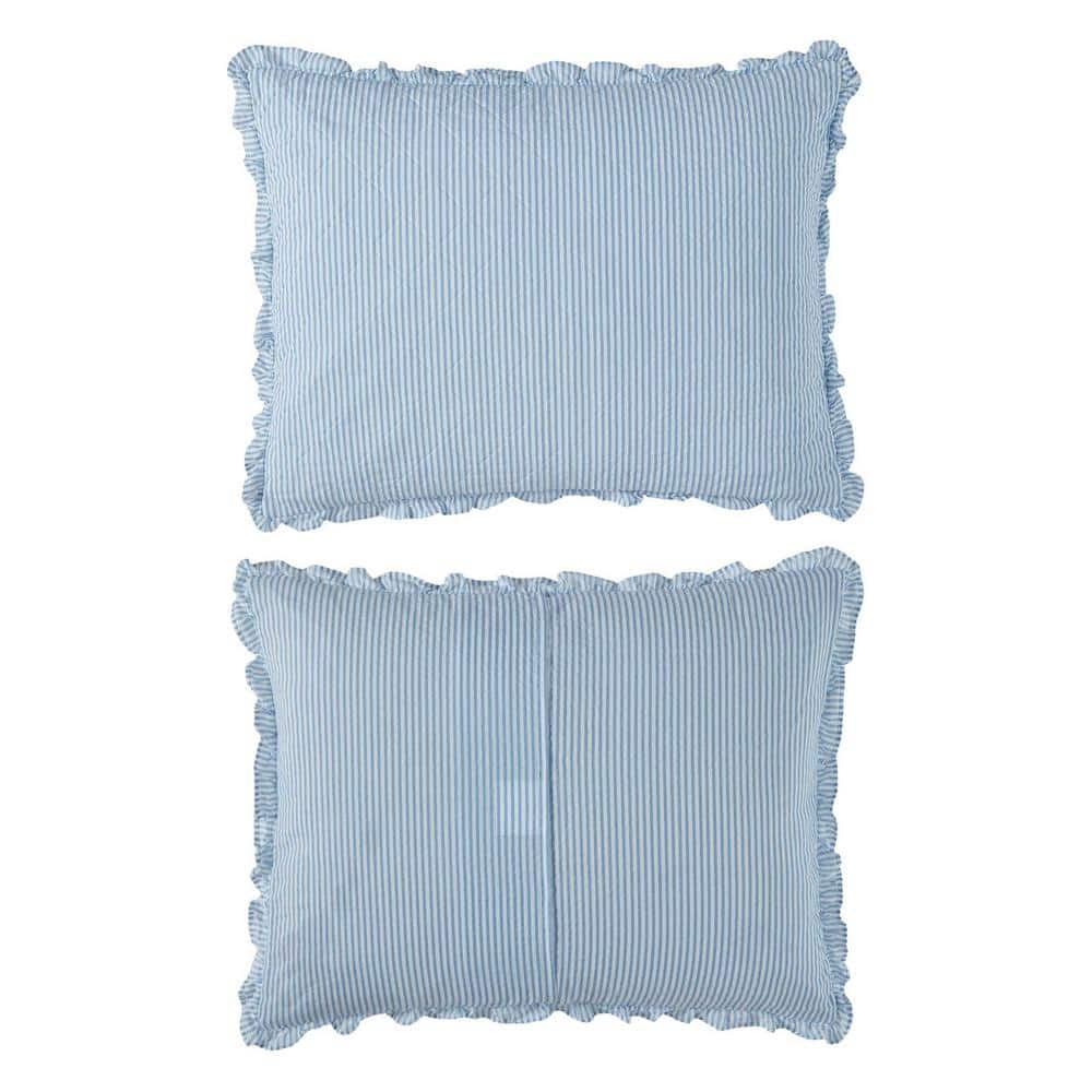 Oxford Stripe Blue Cotton Reversible King Quilt Set