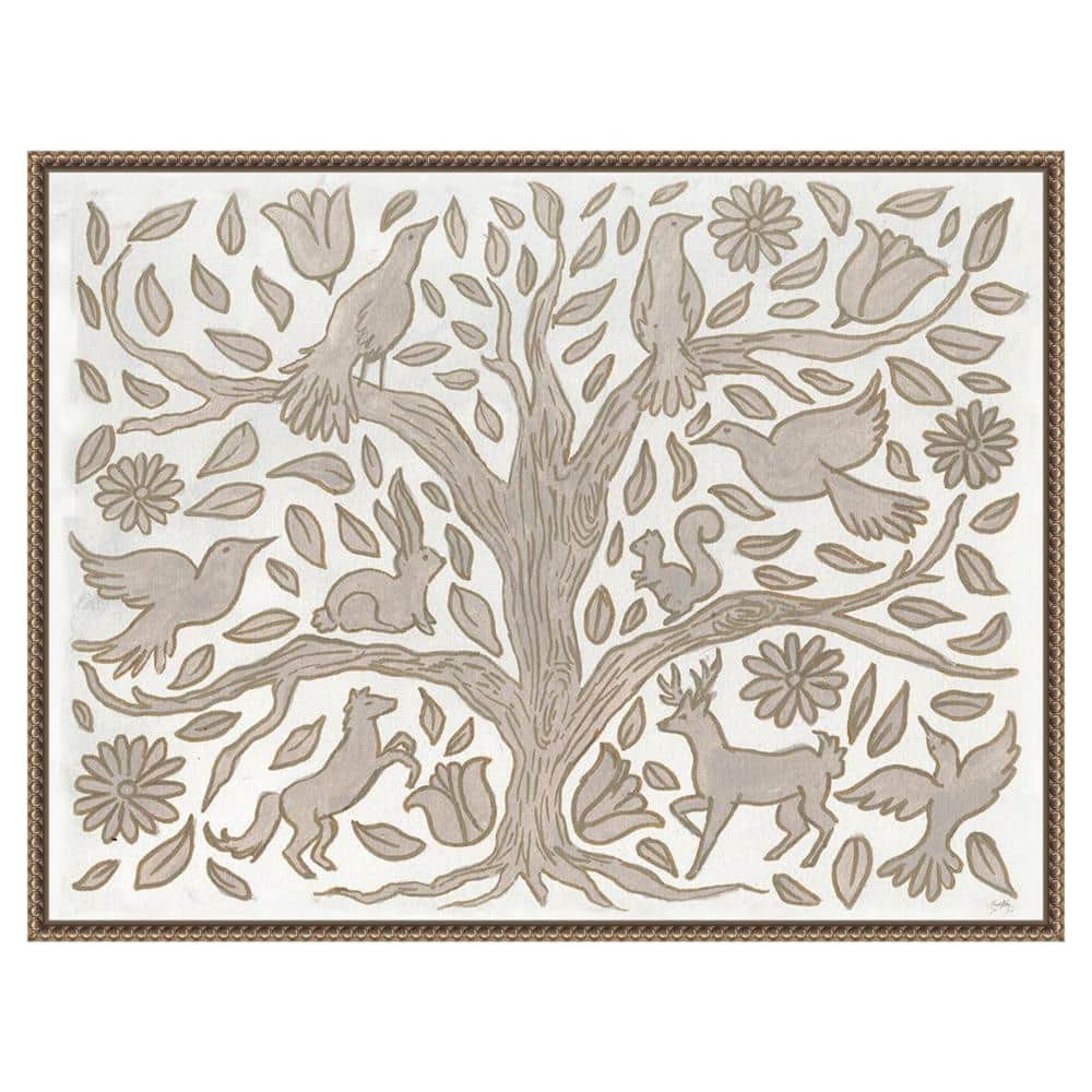 Neutral Grey Animal Tree Canvas Wall Art with Beaded Frame