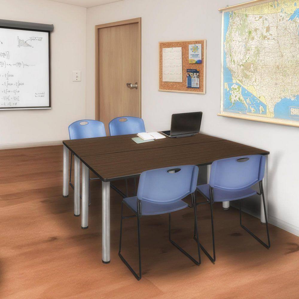 Kee 60 in x 24 in. Neo Walnut Top Training Table Desk, Chrome Legs & 2 Zeng Chairs-Blue