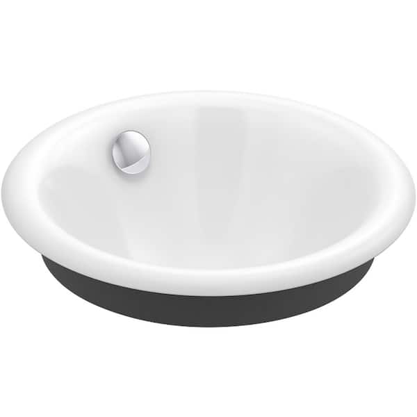 Iron Plains Round Vessel/Drop-In/Under-Mount Cast Iron Bathroom Sink in White with Iron Black Painted Underside