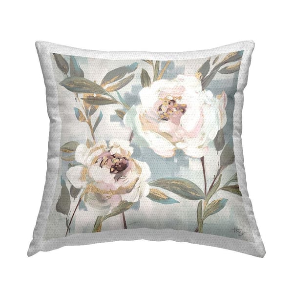 White Peony Duo Beige Square Outdoor Throw Pillow