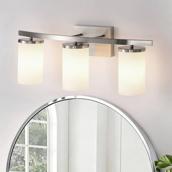 23 in. 3-Light Brushed Nickel Modern Unique Bathroom Vanity Lights with White Cylindrical Glass Shades
