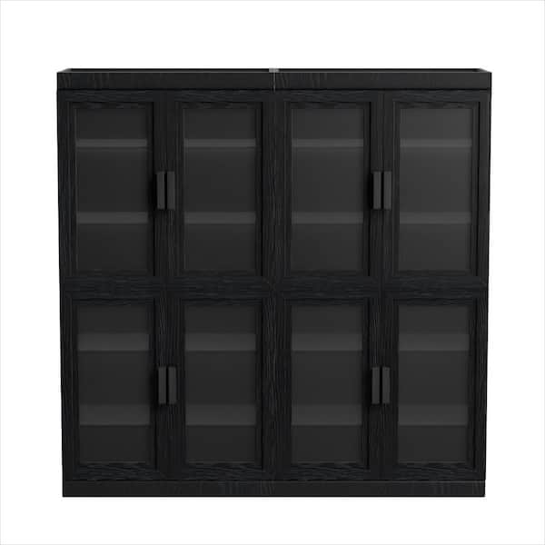 62 in. Tall 62 in. W Black Wood 8-Shelf Standard Bookcase with Adjustable Shelves, Glass Doors Storage
