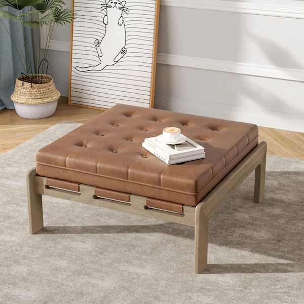 CHRISTOPHER KNIGHT HOME Nova Upholstered PU Leather Square Ottoman, Tufted, Rubberwood Base, Reddish Brown Plus Light Ash
