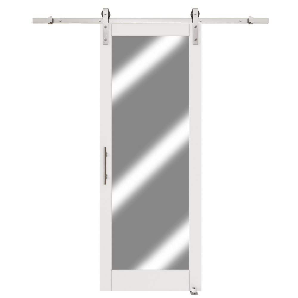 36 in. x 80 in. 1-Lite Full Length Mirrored Glass White Primed MDF Sliding Barn Door with Hardware Kit Nickel Plated price history on PriceWatchPro