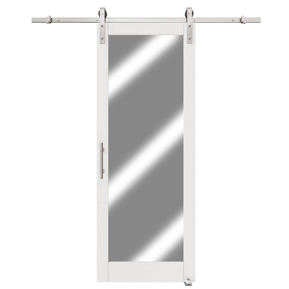 36 in. x 80 in. 1 Lite Mirrored Glass White Primed MDF Sliding Barn Door with Hardware Kit and Soft Close, Nickel Track price history on PriceWatchPro