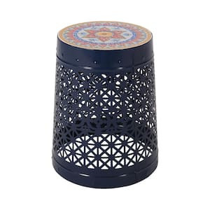 Outdoor Lace Cut Side Table with Tile Top, Metal Nesting Accent Table, Dark Blue