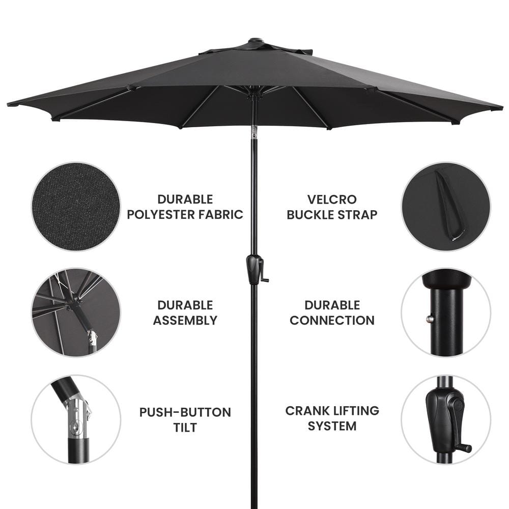 Sun-Ray 9' Black Round Market Umbrella with Push Button Tilt and Crank