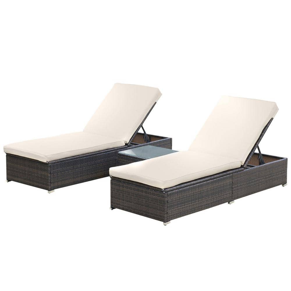3-Piece Wicker Adjustable Outdoor Chaise Lounge Patio Recliner Chair with B
