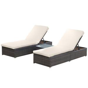 3-Piece Wicker Adjustable Outdoor Chaise Lounge Patio Recliner Chair with Beige Cushions and Side Table