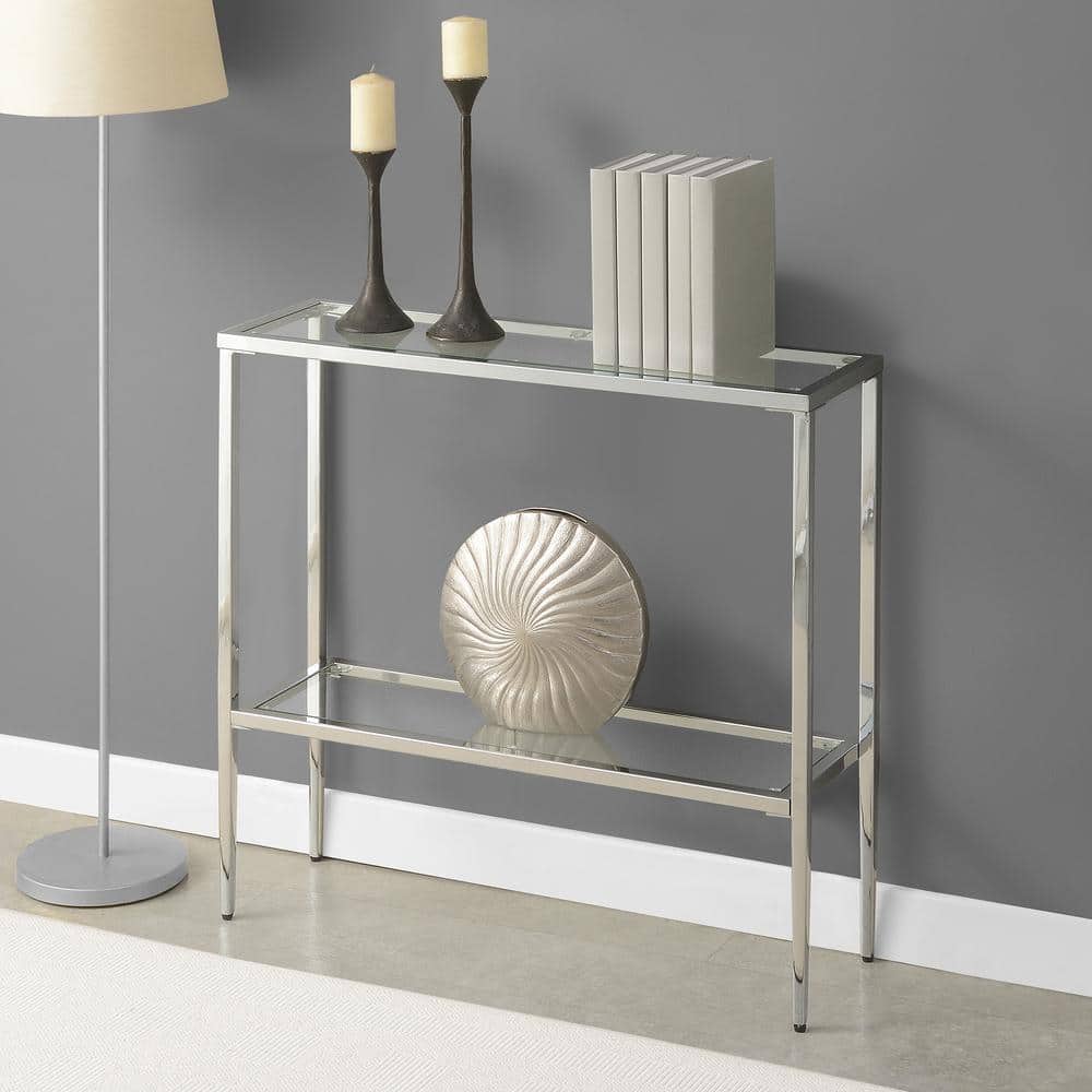 Nadia Chrome Metal Entryway Hall Table with Glass Shelves