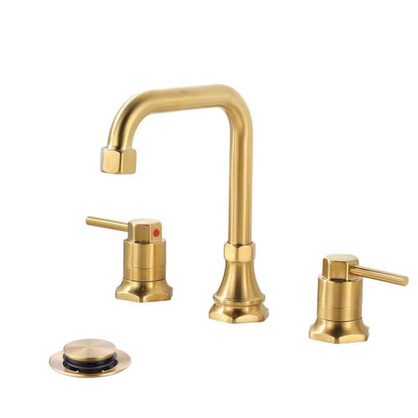 8 in. Widespread Bathroom Faucet with Double Handles and Pop-Up Drain Assembly in Gold
