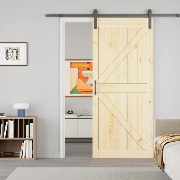 ARK DESIGN 36 in. x 84 in. Paneled K Shape Solid Pine Wood Unfished Barn Door Slab with Installation Hardware Kit and Soft Close