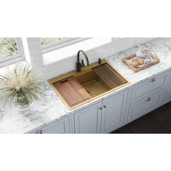 33in W x 21in D Farmhouse Kitchen Sink Gold Stainless Steel with Sink Grid  and Drain Assembly Apron Front