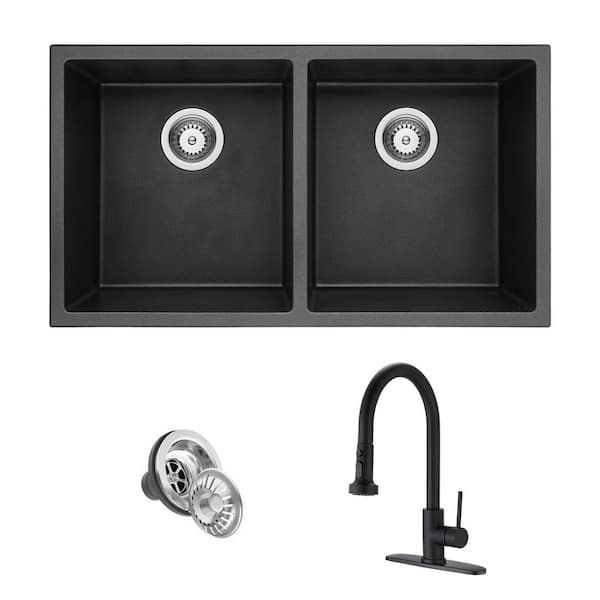 UPIKER Matte Black Quartz 32 in. Double Bowl Undermount Kitchen Sink with Faucet