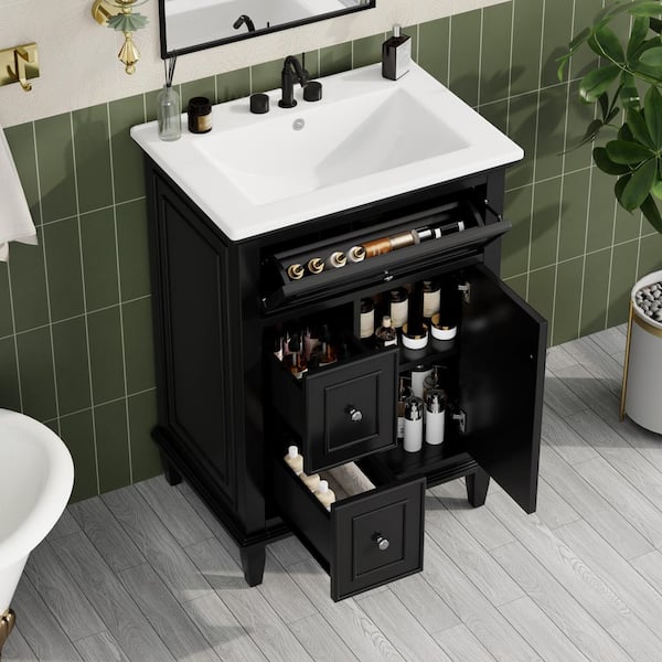 24 in. Freestanding Black Bath Vanity with White Ceramic Top, 1-Flip Drawer, 2-Drawers and Adjustable Shelf