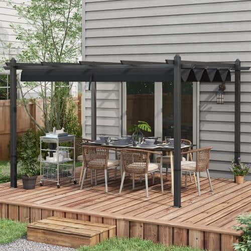 Gray 10' x 12' Wood Grain Aluminum Retractable Pergola Canopy