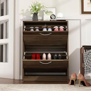 22.4 in. W x 29.5 in. H Walnut Brown Wood Louver Door Shoe Storage Cabinet with 2-Drawers for Entryway Hallway