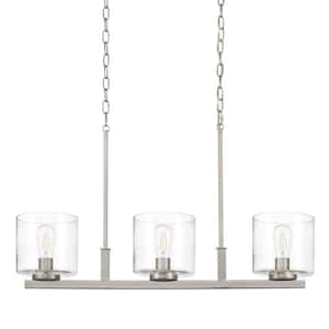 Kendall Manor 3-Light Brushed Nickel Linear Dining Room Chandelier with Clear Glass Shades, Kitchen Pendant Lighting